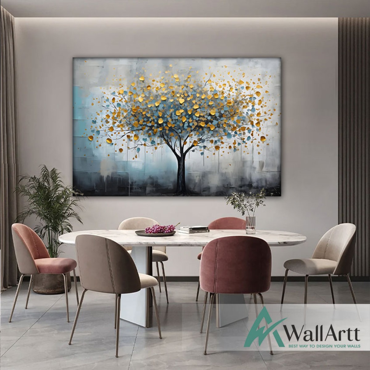 Gold Blue Tree 3d Heavy Textured Partial Oil Painting - Wall Art